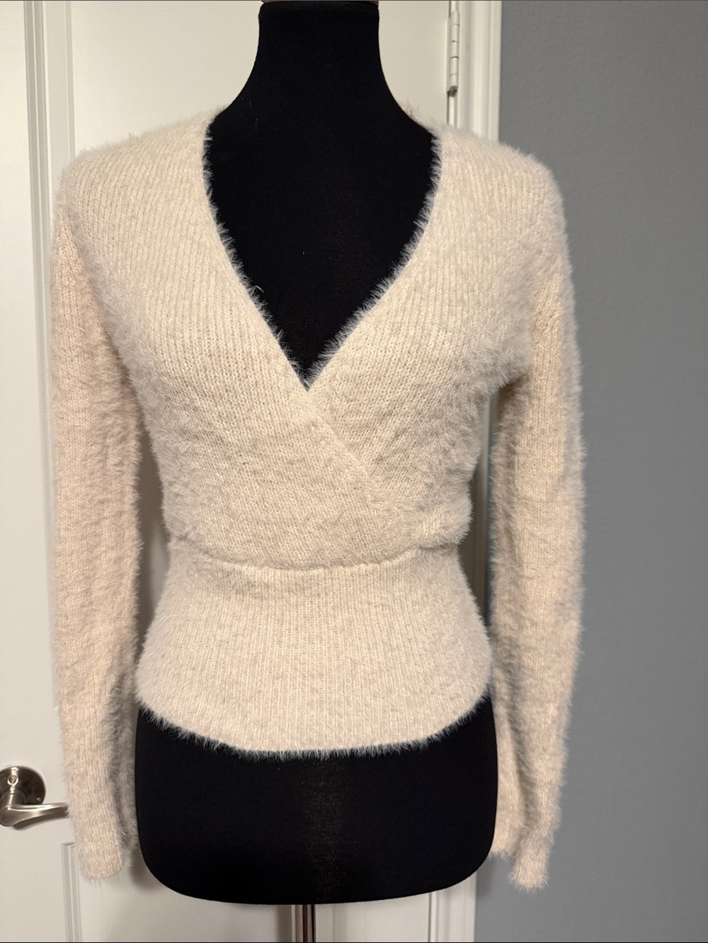Pink Rose Cream Fuzzy V-Neck Wrap Sweater